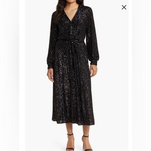 Anne Klein Black Sequin Midi Dress with Tie Waist
